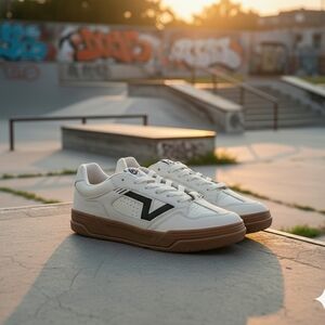 Vans White Sneakers with Brown Sole and Black V Logo